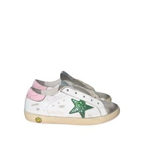 Authentic Golden Goose Superstar Girls White Green Glitter Sneakers Size 13.5